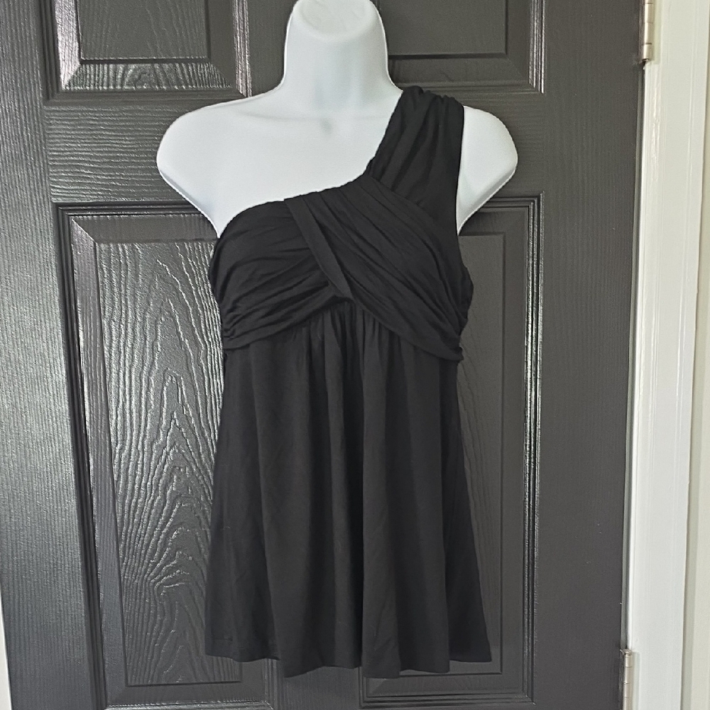 Boston Proper Black One-Shoulder Ruched Bodice Shirt